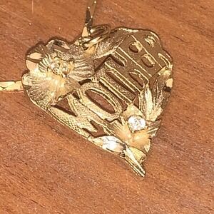 Gold Tone Heart Pendant Necklace  Mother Rhinestones 22" Chain Valentine Gift